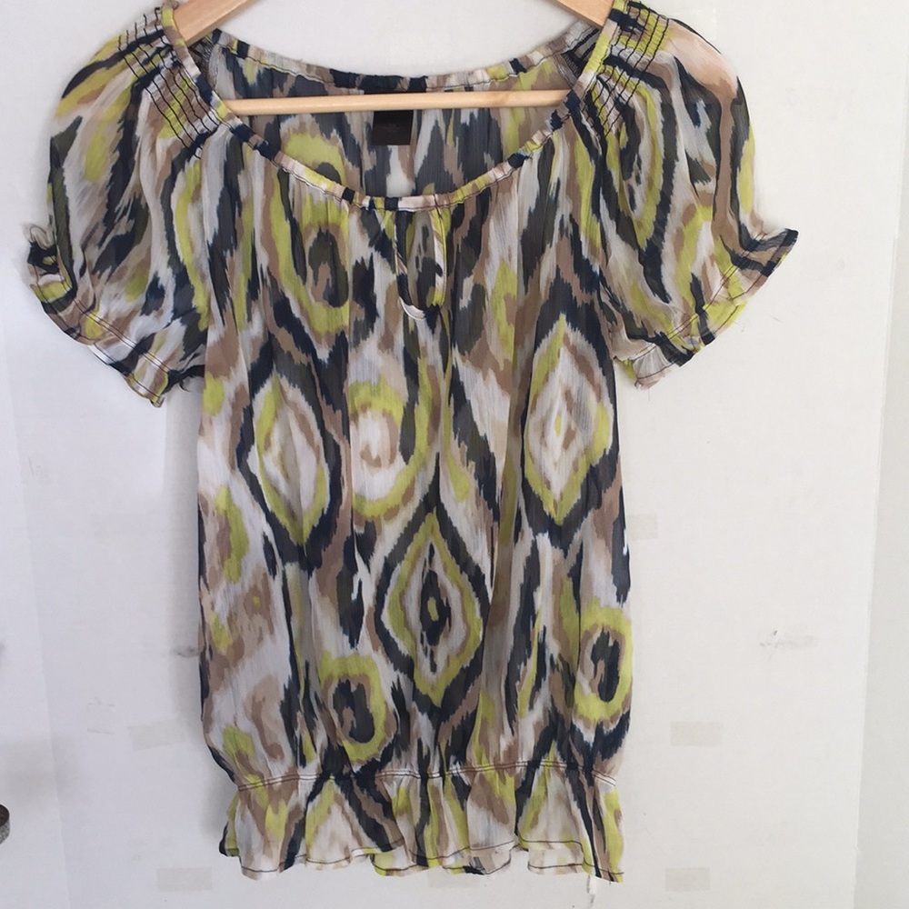 Anne Taylor Sheer Blouse FunFunky Blue Gold Yellow